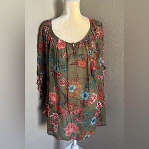 Bila Olive Floral Blouse with Red and Teal Accents size 2X